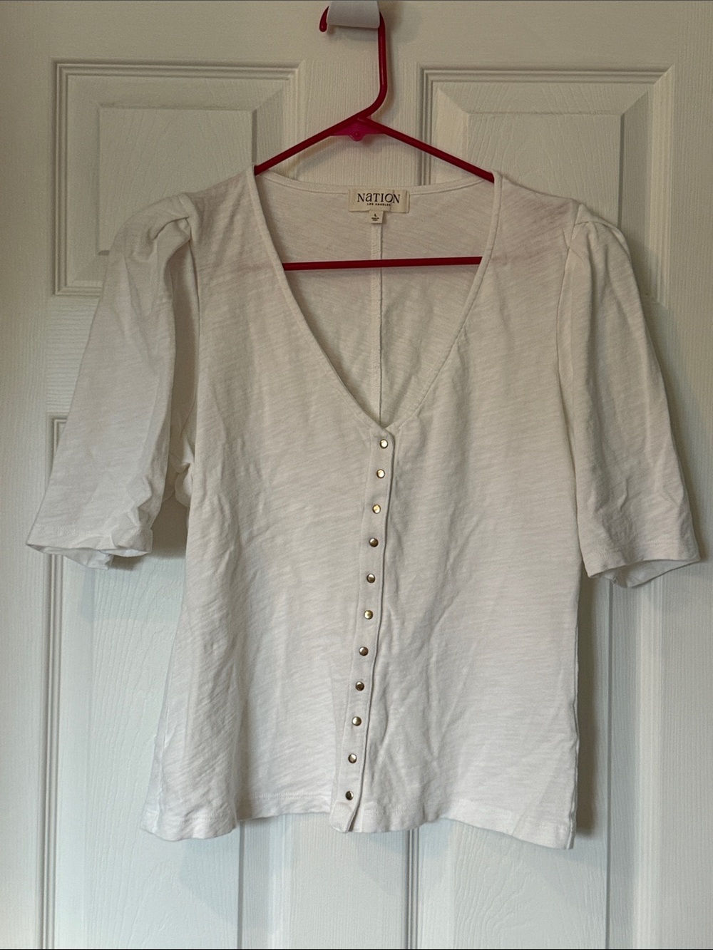 Nation LTD White V-Neck Button-Front Puff Sleeve Top
